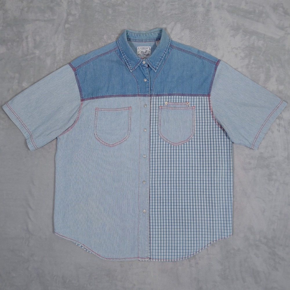 Vintage Andrew’s Blues Western Shirt Women’s XL Fun Denim Snap Striped Rodeo